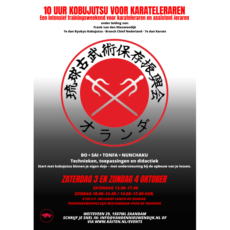 3 en 4 okt. 10 uur Kobujutsu voor Karateleraren